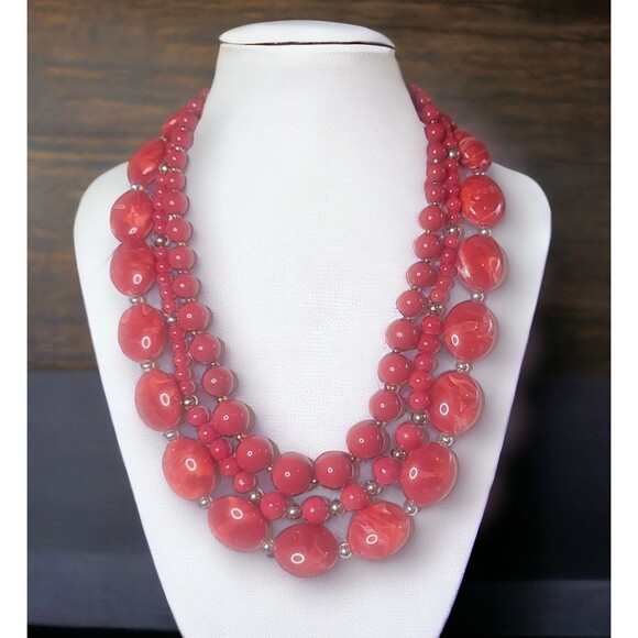 Set of Three 3 Red Marbled Stone and Acrylic Beaded Necklaces 20" - Picture 1 of 2